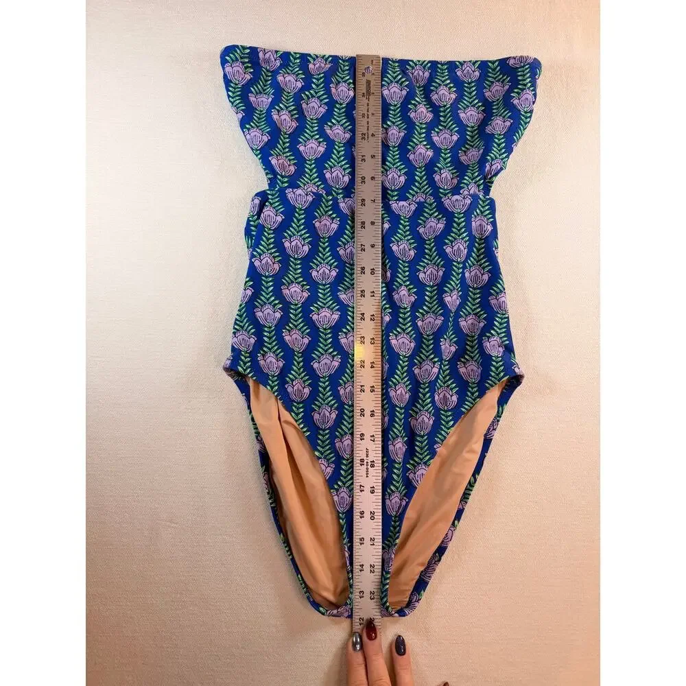 J.Crew Strapless One Piece Swimsuit Medium Blue Floral Block Print Bandeau
